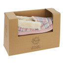Jo & Joe women’s pink and blue check moccasin slipper with cream faux fur lining, shown in branded eco-friendly cardboard packaging.