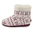 Side view of a Totes women’s boot slipper featuring a burgundy and cream Fair Isle pattern with a fluffy faux fur cuff and cushioned sole.