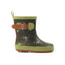 Children's green and brown tractor print wellington boot with decorative buckle and treaded sole.