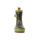 Front view of kids’ green wellington boot with tractor print, olive green rim and sole, and brown rear pull tab.