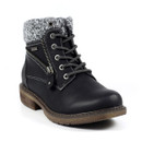 Women's black ankle boot with grey knitted collar, lace-up front, decorative side zip, and brown treaded sole.