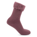 Single plum Totes Toasties Brushed Thermal Bed Sock with a thick, fluffy cuff and ribbed knit design, shown against a white background. Single plum Totes Toasties Brushed Thermal Bed Sock with a thick, fluffy cuff and ribbed knit design, shown against a white background.