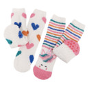 Two pairs of Totes kids' slipper socks — one with colourful hearts and a cute animal face, the other with rainbow stripes and a unicorn design, both with grippy soles.