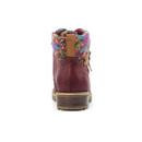 Rear view of burgundy women's boot with tan pull tab, coloured knit collar, and stitched heel counter.