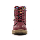 Front view of burgundy ankle boot with colourful knitted collar, lace-up front, side zip, and durable tread sole.