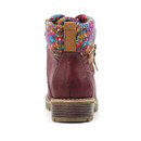 Rear view of burgundy women's boot with tan pull tab, coloured knit collar, and stitched heel counter.