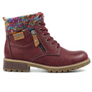 Women's burgundy ankle boot with multicoloured knit collar, zip and lace closure, waterproof tag, and rugged tread sole.