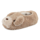 Close-up of a single Totes Toasties novelty slipper shaped like a dog, featuring soft tan fleece, floppy ears, and a cosy white lining.