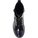 Top-down view of a black patent leather lace-up ankle boot with glossy finish, silver eyelets, and a rounded toe, showing the inner opening and padded collar.