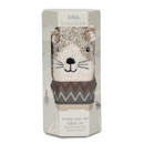 Totes Toasties novelty slipper socks in gift packaging, featuring a smiling bear face and zigzag knit body in warm neutral tones. One size, slip-resistant.