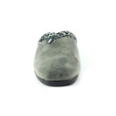 Front view of a grey fuzzy slipper with a rounded toe and a contrasting black and white leopard print trim. A small black buckle detail is centred on the top edge, and the slipper sits on a white background.