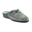 Angled front-side view of a grey fuzzy slipper with a black and white leopard print collar and a low wedge heel. The slipper sits on a white background and features a plush, cosy design with a decorative black buckle detail.