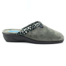 Side view of a grey plush slipper with a low wedge heel and a soft leopard print trim around the opening. The slipper features a cosy texture and a rubber sole, photographed against a white background.