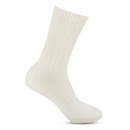 Single cream ankle sock with a fine cable knit pattern and ribbed cuff, displayed side-on against a white background.