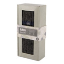 Boxed packaging of Totes Toasties Chunky Slipper-Sox in dark grey with navy stripe. The recyclable box features two viewing windows showing the ribbed socks inside and includes a sleeve label indicating one pair, one size (UK 6–11), with slip-resistant tread.