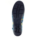 Bottom view of a Lunar slipper showing the black rubber sole with textured grip patterns and flex grooves. The sole is embossed with size marking "36", a diamond-shaped logo, and the text "MADE IN SPAIN" and "FLEXIBLE - NON SLIP SOLE". The upper edges reveal part of the multicoloured knitted fabric of the slipper.