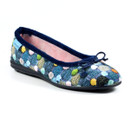 Angled view of a colourful Lunar slipper with a multicoloured polka dot and knit-effect pattern, navy blue trim, front bow detail, soft pink inner lining, and a black rubber sole.