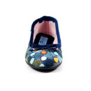 Front view of a Lunar ballerina slipper with a multicoloured knitted-look pattern and raised dots, a small navy bow on the toe, navy blue trim, and a soft pink fleece interior.