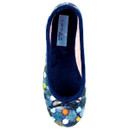 Top view of a Lunar ballerina slipper with a multicoloured knit-style pattern and raised polka dots. The slipper features a navy blue bow at the toe, dark blue fuzzy interior lining, and a pink accent on the inner wall. A grey Lunar Slippers tag is visible inside.