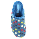 Top-down view of a blue Lunar slipper featuring a plush, furry inner lining and a woolly outer surface decorated with red, green, white, black, and navy polka dots. The slipper's branding is visible on a light blue fabric tag stitched to the collar.