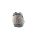 Rear view of a grey slipper with a fluffy collar, adorned with bright polka dots in pink, orange, and green, set on a dark grey sole. Rear view of a grey slipper with a fluffy collar, adorned with bright polka dots in pink, orange, and green, set on a dark grey sole.