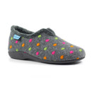 Grey Lunar slipper with a charcoal sole and fluffy trim, decorated with bright embroidered polka dots in pink, orange, and green. Grey Lunar slipper with a charcoal sole and fluffy trim, decorated with bright embroidered polka dots in pink, orange, and green.