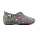 Grey Lunar slipper with a soft, textured surface and multicoloured polka dots in pink, orange, and lime green, featuring a dark grey sole and faux-fur trim. Grey Lunar slipper with a soft, textured surface and multicoloured polka dots in pink, orange, and lime green, featuring a dark grey sole and faux-fur trim.