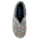 Top view of a grey slipper with a soft, fluffy inner lining, decorated with vibrant polka dots in pink, orange, and green, featuring a "Lunar Slippers" label inside. Top view of a grey slipper with a soft, fluffy inner lining, decorated with vibrant polka dots in pink, orange, and green, featuring a "Lunar Slippers" label inside.