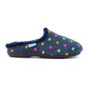 A navy blue slipper with a fluffy trim, decorated with vibrant embroidered polka dots in pink, orange, green, and blue, set against a white background with a visible "Lunar" label on the side.