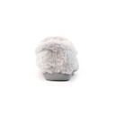 Rear view of a light grey fluffy slipper with a soft faux fur exterior and a solid grey rubber sole for comfort and durability. Rear view of a light grey fluffy slipper with a soft faux fur exterior and a solid grey rubber sole for comfort and durability.