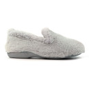 Side view of a light grey, plush slipper with a high-cut design and soft faux fur finish, featuring a matching grey sole and fluffy trim. Side view of a light grey, plush slipper with a high-cut design and soft faux fur finish, featuring a matching grey sole and fluffy trim.
