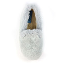 Top-down view of a light grey slipper with a soft faux fur outer and cosy beige fleece inner lining, designed for maximum comfort and warmth indoors. Top-down view of a light grey slipper with a soft faux fur outer and cosy beige fleece inner lining, designed for maximum comfort and warmth indoors.