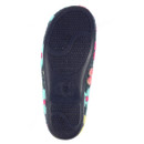 Underside view of a navy slipper with a textured rubber sole featuring curved tread patterns and a central circular imprint indicating "Made in Spain". Underside view of a navy slipper with a textured rubber sole featuring curved tread patterns and a central circular imprint indicating "Made in Spain".