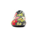 Front view of a cosy grey slipper adorned with multicoloured felt-style flowers in red, green, white, and pink. The slipper has a fuzzy trim around the opening and a dark grey sole, showcasing its rounded toe and plush texture. Front view of a cosy grey slipper adorned with multicoloured felt-style flowers in red, green, white, and pink. The slipper has a fuzzy trim around the opening and a dark grey sole, showcasing its rounded toe and plush texture.
