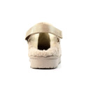 Rear view of a beige slip-on slipper showcasing its soft fleece-textured lining and a gold-toned adjustable strap across the heel. The sole is thick and grooved, providing grip and support. Designed for a secure and snug indoor fit.
