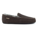 Side view of a dark brown moccasin-style slipper with a subtle herringbone pattern, featuring contrast stitching around the toe and a small "Goodyear" brand tag on the side. The interior is lined with soft grey faux fur, and the slipper has a flat black rubber sole for indoor use.
