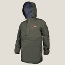 Front view of the Stoney Creek Men’s Stow It Jacket in Gumleaf green, featuring a hooded, waterproof pullover design with a large front pocket and press-stud closure.