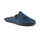 Angled side view of a navy blue mule-style slipper with a smooth, suede-like texture and subtle shading. The slipper features black piping along the edges, blue topstitching along the vamp, and a contoured black rubber sole. Designed for easy slip-on indoor wear.