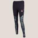 Front view of the Stoney Creek Women’s Active Tights in Black/TCU, featuring a high waist, contoured panels, and camo print detailing on the legs.