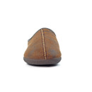 Front view of a brown mule-style slipper with a distressed suede-look finish. A central seam with beige contrast stitching runs from the toe upwards, and the curved edge is trimmed with dark piping. The slipper features a rounded toe and a textured dark brown sole for indoor wear.