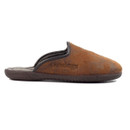 Side view of a brown mule-style slipper with a textured, suede-effect finish and a dark brown rubber sole. The edge is trimmed with black piping, and the side features subtle embossed branding that reads “dogz.” Designed for casual indoor use with easy slip-on access.