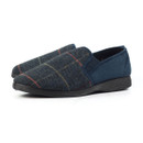 Pair of navy blue slippers with a dark herringbone check pattern across the front panel, featuring subtle red and yellow stripes and soft textured sides with black rubber soles.