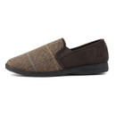 Side view of a men’s slipper featuring a brown herringbone tweed upper with a blue and mustard overcheck, dark brown faux suede sides, and a black textured rubber sole.