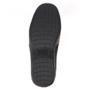 View of the sole of a brown Lazy Dogz slipper, featuring a textured black rubber outsole with a grid-like tread pattern and a central embossed brand logo for grip and durability.