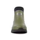 Front view of a khaki green Grisport ankle wellington boot with a rounded toe, raised central seam, and black sole with rugged tread. The boot features a black neoprene collar and a metallic Grisport logo on the front.