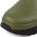 Close-up of the toe area of an olive green Grisport ankle boot, featuring a textured rubber surface and a rugged black outsole with visible grip tread.