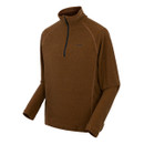 Brown long-sleeve fleece pullover with a black quarter zipper and high collar, displaying a simple, cozy design. Perfect for cold weather.