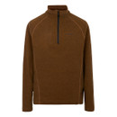 Brown fleece pullover with a quarter-zip and a high collar. The simple design is cosy and casual, conveying warmth and comfort.