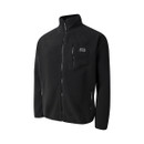 Angled front flat lay of the black fleece jacket, showing the chest pocket, zippered hand pockets, and high collar for warmth and performance styling.
