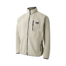 Angled flat lay of the Abbey Stone fleece jacket showing the front zip, black contrast zipper details, and a chest pocket with a branded logo patch.